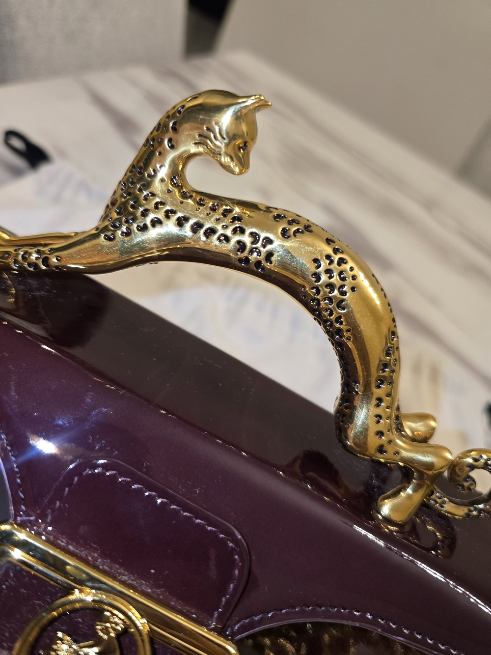 Lanvin Patent Mini Bag in Deep Plum with Gold Cat Handle - Picture 7 of 16